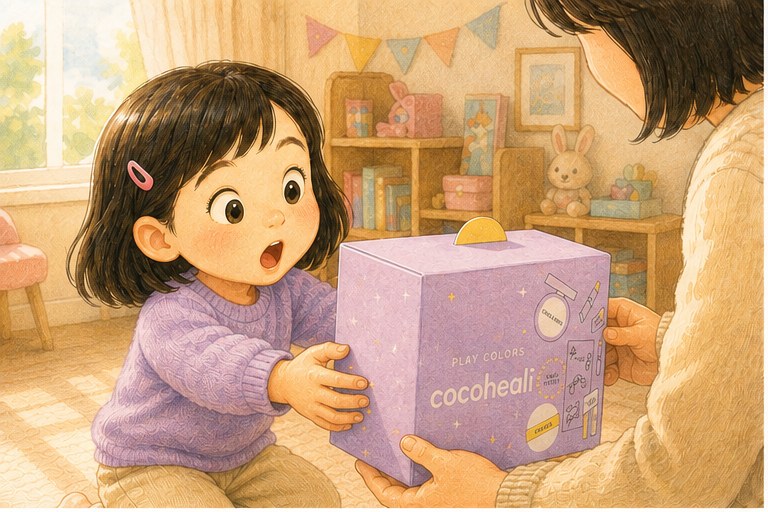 엄마에게 선물박스를 건네받는 아이